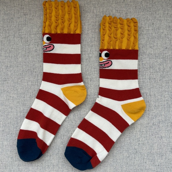 Striped Red and White French fries Socks with Fun Face Design - Picture 1 of 3